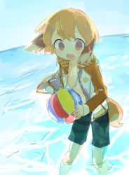 Rule 34 | :d, animal ears, backlighting, ball, bare pectorals, beach, beachball, blue sky, caustics, commentary, day, dog boy, dog ears, dog tail, drawstring, green male swimwear, green swim trunks, highres, holding, holding ball, holding beachball, hood, hood down, hooded jacket, horizon, jacket, kyuuri (miyako), long sleeves, looking at viewer, male focus, male swimwear, ocean, open clothes, open jacket, open mouth, orange eyes, orange hair, orange jacket, outdoors, pectorals, petite, pigeon-toed, pop-up story, sketch, sky, smile, solo, striped, striped male swimwear, striped swim trunks, swim trunks, swimsuit, tail, wading, wind, wind lift, yuuri lessen
