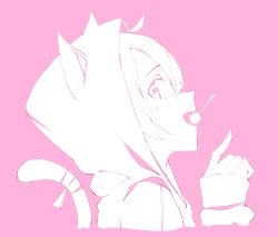 Rule 34 | 1girl, absurdres, animal ears, animal hood, blush, candy, cat ears, cat girl, cat hood, cat tail, cropped torso, fangs, food, food in mouth, hair between eyes, hand up, highres, hood, hood up, hooded jacket, jacket, lollipop, long sleeves, monochrome, open mouth, original, pink background, pointing, profile, short hair, simple background, sleeves past wrists, solo, symbol-shaped pupils, tail, tail raised, tsurara eeri, upper body