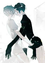 Rule 34 | 2others, androgynous, antarcticite, closed eyes, colored eyelashes, crack, crying, elbow gloves, eyes visible through hair, face-to-face, forehead-to-forehead, gem uniform (houseki no kuni), gloves, green hair, heads together, hiiragi mina, houseki no kuni, light smile, long bangs, multiple others, phosphophyllite, short hair, tears, white hair