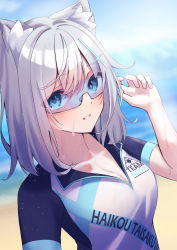 Rule 34 | 1girl, animal ear fluff, animal ears, blue archive, blue eyes, blush, collarbone, cross hair ornament, cycling uniform, grey hair, hair ornament, jzcx2735, looking at viewer, mismatched pupils, shiroko (blue archive), shiroko (cycling) (blue archive), short hair, smile, solo, sunglasses, sweat