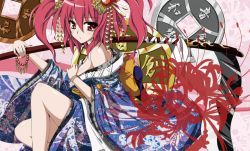 Rule 34 | 1girl, bare shoulders, bracelet, coin, female focus, floral print, flower, hair bobbles, hair ornament, japanese clothes, jewelry, kanzashi, nana stars, off shoulder, onozuka komachi, over shoulder, red eyes, red hair, scythe, solo, spider lily, spider lily print, touhou, twintails, two side up, weapon, weapon over shoulder, yen