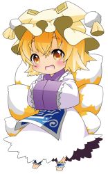 Rule 34 | 1girl, bad id, bad pixiv id, berry jou, blonde hair, blush, chibi, dress, fang, female focus, fox tail, hands in opposite sleeves, hat, hat with ears, long sleeves, looking at viewer, multiple tails, open mouth, short hair, smile, solo, tabard, tail, touhou, white dress, wide sleeves, yakumo ran, yellow eyes