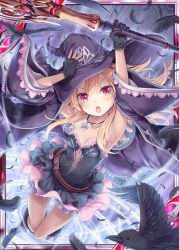Rule 34 | 1girl, :o, akkijin, bird, black dress, black feathers, blonde hair, breasts, dress, feathers, hat, holding, holding clothes, holding hat, holding staff, holding weapon, jewelry, looking at viewer, looking up, magic circle, magical girl, necklace, official art, polearm, crow, red eyes, shinkai no valkyrie, small breasts, staff, weapon, witch hat