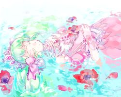 Rule 34 | 1girl, colored eyelashes, dress, closed eyes, falulu, flower, flower request, green hair, hands on own stomach, jewelry, necklace, noromame, partially submerged, pearl necklace, pink dress, pretty series, pripara, solo, tiara, water
