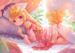 Rule 34 | 1girl, animal ear fluff, animal ears, bad id, bad pixiv id, bare shoulders, bed sheet, blonde hair, closed mouth, curtains, dress, fox ears, fox girl, fox tail, groin, hand up, long hair, long sleeves, lying, mutou mato, navel, off shoulder, on side, original, panties, pillow, pink dress, pink panties, red eyes, side-tie panties, smile, solo, tail, thighhighs, underwear, very long hair, white thighhighs