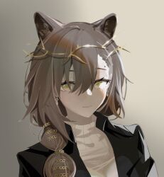 Rule 34 | 1girl, animal ears, arknights, black jacket, brown hair, diamond-shaped pupils, diamond (shape), e-razor, earrings, extra ears, grey background, hair between eyes, hair ornament, jacket, jewelry, long hair, looking at viewer, open clothes, open jacket, penance (arknights), portrait, ribbed sweater, simple background, solo, sweater, symbol-shaped pupils, white sweater, wolf ears, wolf girl, yellow eyes