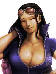 Rule 34 | 1girl, black hair, closed eyes, closed mouth, collarbone, commentary request, eyewear on head, highres, long hair, meta gun, nico robin, one piece, short sleeves, simple background, smile, solo, sunglasses, white background