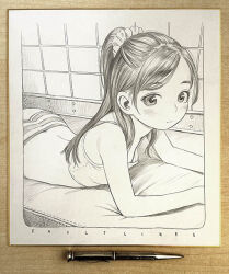 Rule 34 | 1girl, arm support, art tools in frame, bare shoulders, border, breasts, closed mouth, crop top, graphite (medium), greyscale, hair ornament, hair scrunchie, half updo, long hair, looking at viewer, lying, monochrome, murata range, on stomach, original, panties, parted bangs, scrunchie, shikishi, sleeveless, small breasts, solo, striped clothes, striped panties, traditional media, underwear