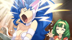 Rule 34 | 2girls, :d, ^ ^, aiba mikoto, animal ears, big hair, blue hair, blunt bangs, breasts, capcom, cat ears, cleavage, closed eyes, cross-laced clothes, cross edge, felicia (vampire), flying sweatdrops, food, fur, game cg, green hair, hair intakes, hairband, hand up, headband, hirano katsuyuki, jewelry, lightning bolt symbol, long hair, meat, multiple girls, necklace, official art, open mouth, plate, ribbon trim, shouting, smile, sparkle, tantrum, upper body, vampire (game), very long hair, wavy hair