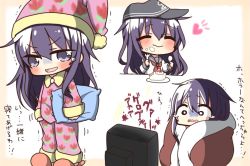 Rule 34 | 10s, 1girl, :&gt;, ^ ^, akatsuki (kancolle), alternate costume, anchor symbol, closed mouth, commentary request, eating, closed eyes, flat cap, food, food on face, fork, hat, holding pillow, jako (jakoo21), kantai collection, long hair, long sleeves, neckerchief, pajamas, pillow, purple hair, school uniform, serafuku, slippers, solo, spoon, tears, translated, trembling, watching television, wavy mouth