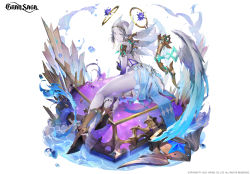 1girl 2021 absurdres blue_eyes character_request company_name copyright_notice fantasy feathered_wings gran_saga headgear high_heels highres long_hair multicolored_eyes official_art purple_eyes sitting solo thigh_strap water_drop white_hair wings yeon_bom