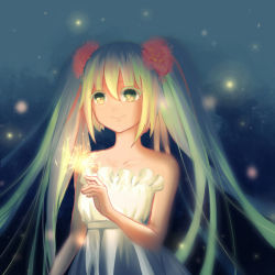 Rule 34 | 1girl, closed mouth, collarbone, dress, fireworks, floating hair, flower, green eyes, green hair, hair between eyes, hair flower, hair ornament, hatsune miku, holding, long hair, red flower, sleeveless, sleeveless dress, smile, so tsubasa, solo, striped clothes, striped dress, upper body, very long hair, vocaloid, white dress