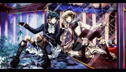 2boys alois_trancy ascot bandage_over_one_eye black_footwear black_gloves black_nails black_shorts black_thighhighs blonde_hair blue_coat blue_eyes blue_flower blue_hair blue_shorts blue_vest blush boots bow bowtie character_doll ciel_phantomhive closed_mouth coat collared_coat collared_shirt commentary_request cross-laced_footwear fingerless_gloves fingernails fishnet_thighhighs fishnets flower footwear_bow frilled_shirt_collar frilled_sleeves frills frown full_body gloves hair_flower hair_ornament high_collar holding_hands indoors interlocked_fingers knee_boots knees_up kuromai kuroshitsuji lace lace-trimmed_thighhighs lace_trim lapels letterboxed light_particles long_sleeves male_focus multiple_boys notched_lapels parted_lips purple_bow red_bow red_bowtie red_brooch red_footwear red_thighhighs shirt short_hair shorts silk sitting spider_web thighhighs vest white_ascot white_bow white_coat white_shirt