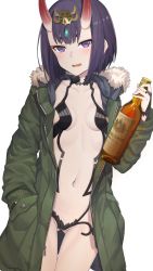 Rule 34 | 1girl, alcohol, bob cut, bottle, breasts, coat, collarbone, commentary request, cowboy shot, fate/grand order, fate (series), fur trim, gluteal fold, hand in pocket, headpiece, highres, holding, horns, looking at viewer, navel, oni, open clothes, open coat, parted lips, purple eyes, purple hair, sake, sake bottle, short eyebrows, short hair, shuten douji (fate), shuutou haruka, simple background, skin-covered horns, small breasts, solo, thigh gap, white background, winter clothes, winter coat