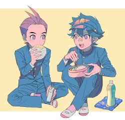 Rule 34 | 2boys, :d, ace attorney, aged down, antenna hair, apollo justice, bandaid, bandaid on face, bandaid on nose, bento, black hair, blue hair, blue jacket, blue pants, bottle, bread, brown hair, buttons, chopsticks, clay terran, crossed, food, full body, gakuran, highres, holding, holding carton, holding chopsticks, jacket, knees up, layered sleeves, legs, letterboxed, long sleeves, looking at another, male focus, melon bread, multiple boys, open mouth, orange background, ouse (otussger), pants, purple eyes, school uniform, shoes, short hair, sitting, smile, spiked hair, star (symbol), star print, visor cap, white footwear
