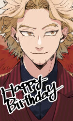 Rule 34 | 1boy, black shirt, blonde hair, boku no hero academia, brown eyes, collared shirt, facial hair, goatee, grey background, happy birthday, hawks (boku no hero academia), jacket, looking to the side, male focus, red jacket, red wings, rnuyvm, shirt, solo, upper body, wings