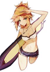 Rule 34 | 1girl, arm up, bandeau, blonde hair, breasts, cowboy shot, denim, denim shorts, fate/apocrypha, fate/grand order, fate (series), green eyes, jewelry, looking at viewer, mo (mocopo), mordred (fate), mordred (fate/apocrypha), mordred (memories at trifas) (fate), navel, necklace, ponytail, shorts, solo, strapless, surfboard, tube top, white background
