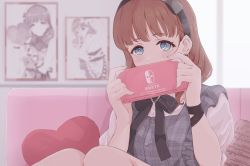 Rule 34 | 1girl, black necktie, black ribbon, blue eyes, blunt bangs, blush, brown hair, closed eyes, commentary request, covered mouth, duffy, earrings, female focus, hairband, handheld game console, highres, holding, holding handheld game console, idolmaster, idolmaster cinderella girls, indoors, jewelry, looking at viewer, necktie, nintendo switch, ribbon, sakuma mayu, short hair, short sleeves, sitting, solo, upper body