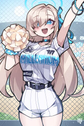 Rule 34 | 1girl, :d, absurdres, asuna (blue archive), baseball uniform, belt, black belt, blue archive, blue eyes, blue ribbon, bracelet, chain-link fence, choker, commentary request, day, fence, halo, highres, jewelry, korean commentary, light brown hair, long hair, looking at viewer, open mouth, outdoors, paaran, pom pom (cheerleading), ribbon, smile, solo, sportswear