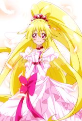 Rule 34 | 1girl, aida mana, alternate costume, alternate hair length, alternate hairstyle, bad id, bad pixiv id, blonde hair, blush, brooch, cure heart, cure heart (engage mode), curly hair, detached sleeves, dokidoki! precure, dress, eyelashes, hair flip, hair ornament, half updo, happy, heart, heart brooch, heart hair ornament, jewelry, long hair, looking at viewer, magical girl, namizou, pink dress, pink eyes, ponytail, precure, ribbon, smile, solo, standing, very long hair