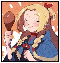 Rule 34 | 1girl, :q, ^ ^, blonde hair, blue capelet, blush, border, braid, capelet, chicken (food), chicken leg, choker, closed eyes, closed mouth, dungeon meshi, elf, food, french braid, hair ribbon, hair rings, hands up, happy, holding, holding food, hood, hood down, hooded capelet, long hair, long sleeves, marcille donato, multiple braids, nploser, orange background, parted bangs, pointy ears, red ribbon, ribbon, side braid, solo, tongue, tongue out, upper body