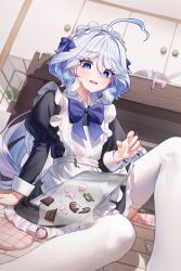 Rule 34 | 1girl, absurdres, ahoge, alternate costume, apron, baking, black dress, blue eyes, blue hair, chabi009, chocolate, clumsy, commentary, dress, drop-shaped pupils, english commentary, enmaided, furina (genshin impact), genshin impact, grey hair, hair between eyes, heterochromia, highres, indoors, juliet sleeves, long hair, long sleeves, maid, maid apron, maid headdress, mismatched pupils, multicolored hair, open mouth, puffy sleeves, short dress, sitting, solo, spill, symbol-shaped pupils, thighhighs, tray, tripping, valentine, very long hair, white thighhighs