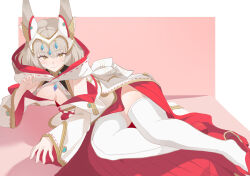 1girl animal_ears breasts cat_ears cleavage core_crystal_(xenoblade) dress facial_mark gbbgb321 gold_trim grey_hair looking_at_viewer lying nia_(xenoblade) on_side paw_pose solo thighhighs tiara whisker_markings white_thighhighs xenoblade_chronicles_(series) xenoblade_chronicles_2 xenoblade_chronicles_3 yellow_eyes