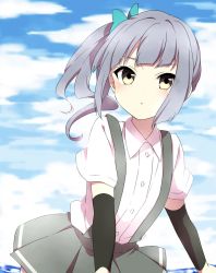 Rule 34 | 1girl, blue bow, blue sky, blush, bow, cloud, cloudy sky, collared shirt, cowboy shot, day, detached sleeves, dot nose, grey hair, grey skirt, hair bow, highres, kantai collection, kasumi (kancolle), looking at viewer, miniskirt, one side up, outdoors, parted lips, pleated skirt, sekina, shirt, side ponytail, skirt, sky, solo, suspender skirt, suspenders, white shirt, wing collar, yellow eyes