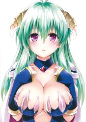 Rule 34 | 10s, 1girl, absurdres, areola slip, blush, breast hold, breast suppress, breasts, cleavage, green hair, highres, horns, large breasts, long hair, looking at viewer, no bra, official art, parted lips, purple eyes, run elsie jewelria, solo, to love-ru, to love-ru darkness, upper body, yabuki kentarou