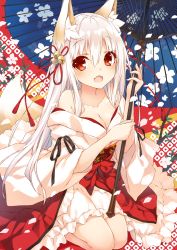 Rule 34 | 1girl, :d, albino, animal ear fluff, animal ears, bell, black ribbon, blush, breasts, cleavage, collarbone, commentary, fang, fox ears, fox girl, fox tail, hair bell, hair between eyes, hair ornament, hair ribbon, highres, holding, holding umbrella, japanese clothes, jingle bell, kimono, kimono pull, kneeling, long sleeves, looking at viewer, medium breasts, oil-paper umbrella, open mouth, original, petals, red eyes, red ribbon, ribbon, saeki touma, smile, solo, symbol-only commentary, tail, tareme, umbrella, white kimono, wide sleeves