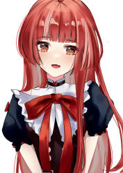 Rule 34 | 1girl, absurdres, black dress, blunt bangs, bow, bowtie, commentary, dress, english commentary, fang, heart, highres, hololive, hololive indonesia, holoro, kureiji ollie, long hair, looking at viewer, olivia (kureiji ollie), open mouth, puffy short sleeves, puffy sleeves, red bow, red bowtie, red eyes, red hair, short sleeves, simple background, skin fang, smile, solo, ukei, upper body, virtual youtuber, white background, yellow pupils