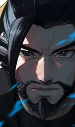 Rule 34 | 1boy, asian, beard, black hair, close-up, closed mouth, facial hair, hanzo (overwatch), looking at viewer, male focus, mature male, o o6771, overwatch, solo