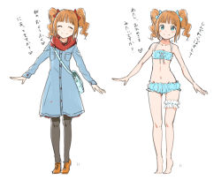 Rule 34 | 1girl, ^ ^, barefoot, black pantyhose, blush, bridal garter, brown hair, c:, closed eyes, closed mouth, coat, collarbone, curly hair, frilled swimsuit, frills, full body, heart, idolmaster, idolmaster (classic), long hair, long sleeves, looking at viewer, multiple views, pantyhose, red scarf, scarf, sidelocks, simple background, smile, standing, swimsuit, takatsuki yayoi, tanaka (colorcorn), tareme, white background