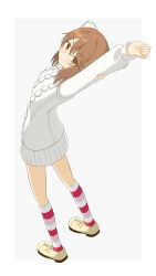 Rule 34 | 1girl, aran sweater, arched back, arm behind head, arm up, breasts, brown eyes, brown hair, cable knit, commentary, dress, from above, from behind, full body, hair between eyes, highres, kinuhata saiai, kneehighs, kuronoya50, light blush, long sleeves, looking at viewer, looking back, looking up, medium hair, outside border, pink socks, red socks, shoes, short dress, small breasts, smile, socks, solo, standing, stretching, striped clothes, striped socks, sweater, sweater dress, toaru kagaku no railgun, toaru majutsu no index, white background, white footwear, white socks, white sweater