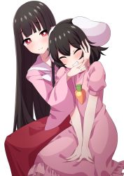 Rule 34 | 2girls, animal ears, between legs, black hair, blunt bangs, blush, bright pupils, carrot necklace, closed eyes, commentary request, dress, grin, hand between legs, hand on another&#039;s chin, hand on another&#039;s head, head tilt, headpat, highres, houraisan kaguya, inaba tewi, jewelry, leaning to the side, long hair, long sleeves, looking at viewer, multiple girls, necklace, pink dress, pink shirt, puffy short sleeves, puffy sleeves, rabbit ears, red eyes, shirt, short sleeves, simple background, sitting, smile, touhou, tsukimirin, very long hair, white background, white pupils