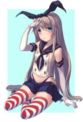Rule 34 | 10s, 1girl, bad id, bad pixiv id, blonde hair, blue eyes, elbow gloves, fuyujima (fyzm), fuyuzima, gloves, hairband, highres, kantai collection, long hair, shimakaze (kancolle), sitting, skirt, solo, striped clothes, striped thighhighs, thighhighs