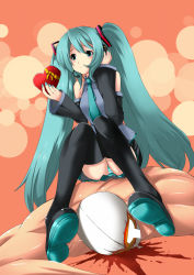 Rule 34 | 1boy, 1girl, black thighhighs, blood, bow, chocolate, crossover, detached sleeves, green eyes, green hair, hair bow, hair ornament, hair ribbon, hand on own ear, hatsune miku, headset, heart, injury, long hair, nail polish, necktie, panties, ribbon, shitto mask, sitting, striped clothes, striped panties, tears, thighhighs, totsugeki! pappara-tai, twintails, underwear, valentine, very long hair, vocaloid, y-square