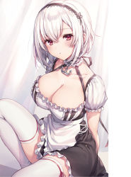 Rule 34 | 1girl, anchor choker, apron, azur lane, blush, breasts, choker, cleavage, closed eyes, collarbone, dress, frills, hair ornament, hairband, highres, knee up, komeshiro kasu, large breasts, looking at viewer, maid, puffy short sleeves, puffy sleeves, red eyes, short dress, short hair, short sleeves, simple background, sirius (azur lane), sitting, skirt, solo, thighhighs, waist apron, white hair, white thighhighs