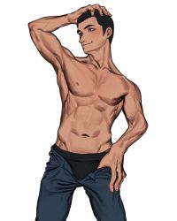 Rule 34 | 1boy, abs, arm up, armpits, biceps, black pants, blush, cowboy shot, hand on own head, highres, male focus, muscular, muscular male, navel, nipples, original, pants, pectorals, rinotuna, simple background, smile, solo, topless male, white background