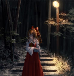 Rule 34 | 1girl, ascot, bow, brown eyes, brown hair, darkness, detached sleeves, dress, forest, hair bow, hakurei reimu, kinoto (ruindivinity), lamp, lamppost, nature, night, one side up, ponytail, red dress, ribbon trim, scarf, scarf over mouth, solo, stairs, touhou, wide sleeves