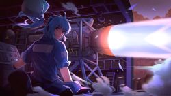 Rule 34 | 1girl, absurdres, ahoge, backlighting, black hairband, blue eyes, blue fire, blue hair, blue shirt, blue skirt, clothes lift, commentary, controller, dial, dust, earmuffs, engine, fire, fire, floating hair, frilled sleeves, frills, gloves, hair bobbles, hair ornament, hairband, hangar, highres, indoors, jet engine, jumpsuit, kawashiro nitori, ladder, looking at viewer, looking back, mechanic, medium hair, motion blur, night, outdoors, puffy short sleeves, puffy sleeves, push-button, railing, royl, shirt, short sleeves, skirt, skirt lift, skirt set, smile, solo, stepladder, touhou, twintails, two side up, white gloves, wind, wing collar