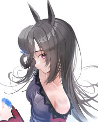 Rule 34 | 1girl, alternate hair color, animal ears, bare shoulders, black hair, black headwear, breasts, closed mouth, commentary request, dress, from above, horse ears, horse girl, long hair, looking at viewer, off-shoulder dress, off shoulder, purple dress, purple eyes, rice shower (umamusume), simple background, small breasts, solo, umamusume, upper body, very long hair, white background, yomean!
