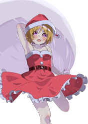 Rule 34 | 1girl, absurdres, artist name, artist request, bag, bare shoulders, belt, black belt, blush, breasts, brown hair, christmas, cleavage, collarbone, dress, female focus, frilled skirt, frills, hair between eyes, hat, highres, holding, holding bag, koizumi hanayo, looking at viewer, love live!, love live! school idol project, miniskirt, parted lips, plaid, plaid dress, plaid skirt, pleated, pleated dress, pleated skirt, pom pom (clothes), purple eyes, red dress, red skirt, santa dress, santa hat, short hair, skirt, small breasts, smile, solo, standing, standing on one leg, white background, white legwear