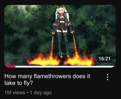 1girl absurdres belt black_jacket blonde_hair burnice_white english_text eyewear_on_head fake_screenshot fire flamethrower floating foliage hair_ornament highres i_did_a_thing jacket meme midriff photo-referenced skindentation skirt solo strapless thighhighs tube_top twintails user_yutt4434 weapon wrist_cuffs youtube zenless_zone_zero