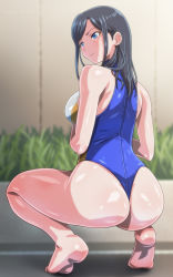 Rule 34 | 1girl, ass, barefoot, bikini, black hair, blue eyes, breasts, commentary request, from behind, full body, large breasts, long hair, looking to the side, monteriakitto, one-piece thong, original, sideways glance, solo, squatting, swimsuit, tiptoes, turtleneck