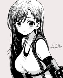 Rule 34 | 1girl, bare shoulders, black hair, blush, breasts, chiba sadoru, crop top, dated, detached sleeves, earrings, final fantasy, final fantasy vii, final fantasy vii remake, highres, jewelry, large breasts, long hair, looking at viewer, monochrome, smile, solo, square enix, suspenders, tank top, tifa lockhart, twitter username, upper body