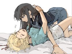 Rule 34 | 2girls, arms around neck, black hair, black shirt, blonde hair, blue shirt, chinese commentary, closed eyes, closed mouth, commentary request, girl on top, hair ribbon, inoue takina, laughing, long hair, lycoris recoil, lying, medium hair, multiple girls, nishikigi chisato, on back, on bed, open mouth, overalls, purple eyes, red ribbon, ribbon, shirt, short sleeves, shorts, simple background, smile, white background, white shorts, yanlingjinshilihuahua, yuri