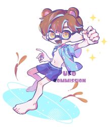 Rule 34 | 1boy, animal ears, arm up, barefoot, bear boy, bear ears, black-framed eyewear, blue shirt, blue shorts, brown hair, commentary request, commission, full body, glasses, highres, inkling, inkling boy, inkling player character, korean commentary, male focus, navel, nintendo, open clothes, open shirt, print shirt, shirt, short hair, shorts, simple background, solo, sparkle, splatoon (series), tentacle hair, ufo sw, watermark, white background, yellow eyes
