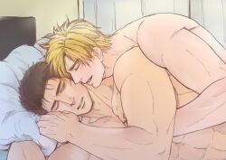 Rule 34 | 2boys, abs, alternate facial hair, ao isami, bara, black hair, blonde hair, couple, cuddling, facial hair, hand up, heads together, kdk13 (bio kadoki13), lewis smith, lying, male focus, multiple boys, muscular, muscular male, nude, on bed, on side, sideburns stubble, sparse stubble, stubble, thick eyebrows, upper body, yaoi, yuuki bakuhatsu bang bravern