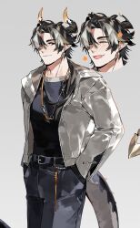 Rule 34 | 1boy, alternate costume, arknights, belt, belt buckle, black belt, black hair, blue pants, blue shirt, buckle, chong yue (arknights), closed eyes, closed mouth, commentary, cropped head, dragon boy, dragon horns, dragon tail, earrings, grey background, grey hair, hand in pocket, highres, horns, ierotak, jacket, jewelry, looking at viewer, male focus, multicolored hair, open clothes, open jacket, open mouth, pants, parted bangs, pointy ears, red eyes, shirt, short hair, simple background, smile, solo, star (symbol), streaked hair, tail, toned, toned male, twitter username, white jacket